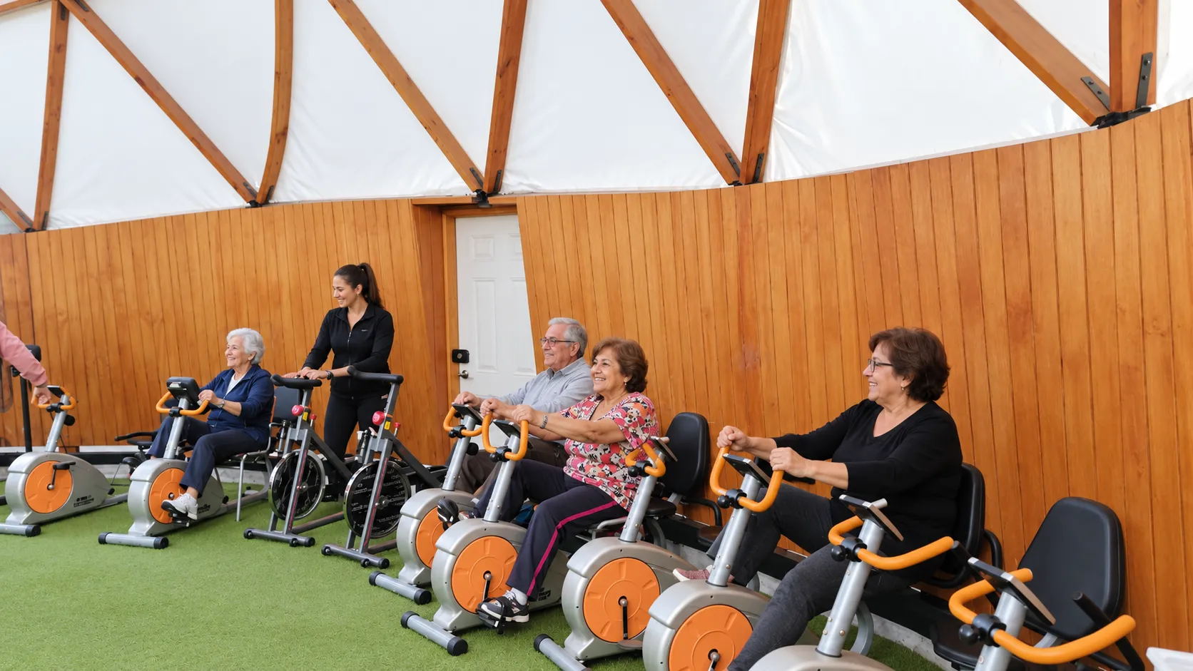 Personas mayores realizan ejercicio supervisado en un programa de rehabilitación pulmonar